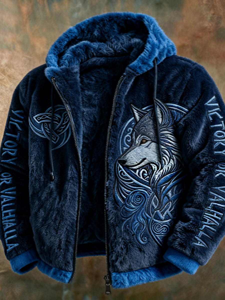 Mäns Viking Tribal Jacquard Celtic med vargar inspirerad Plush varm dragkedjacka