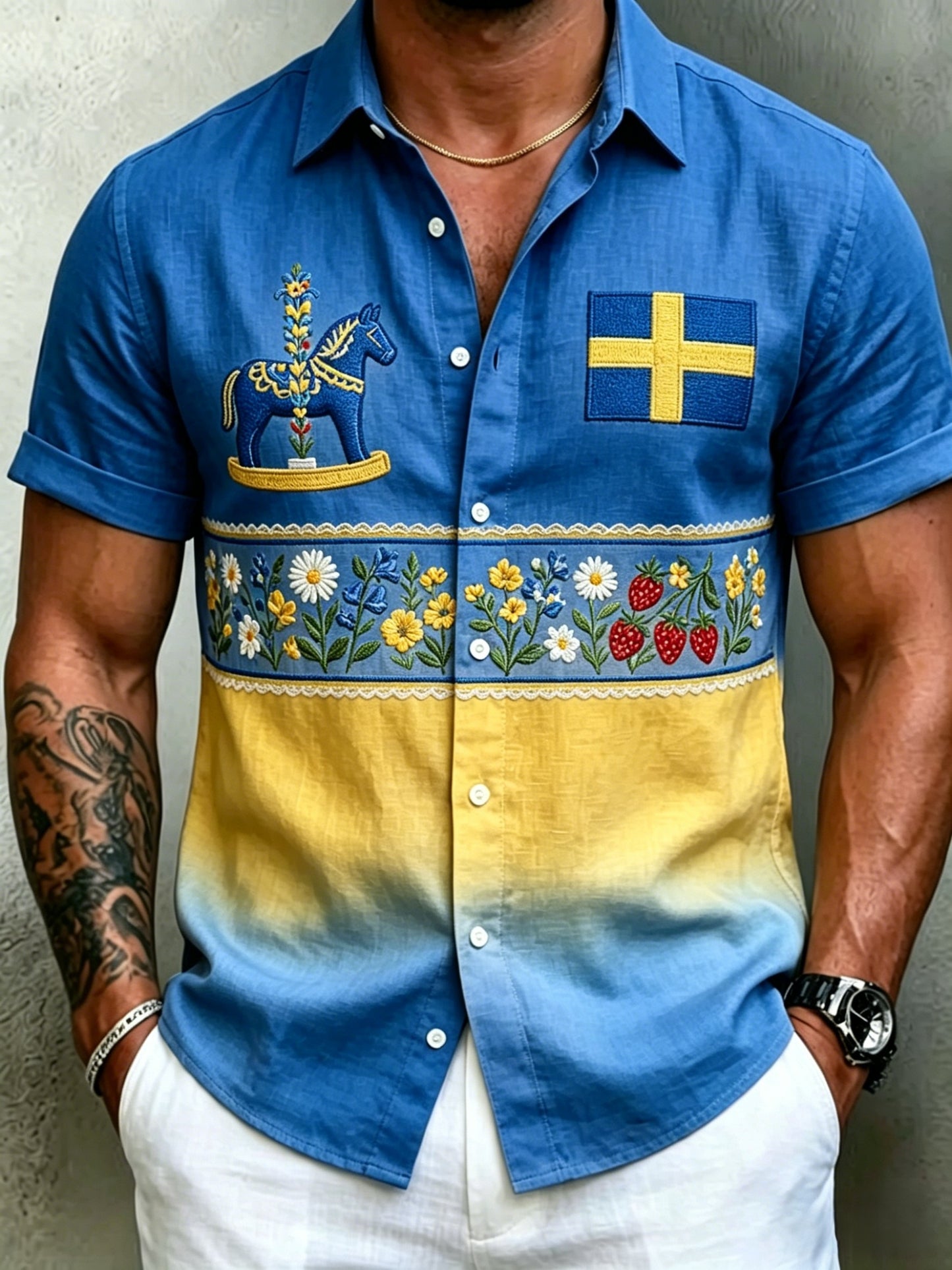 Herrretro svensk midsommarfolkaldrigblommig bomull-linne skjorta med korta ärmarna