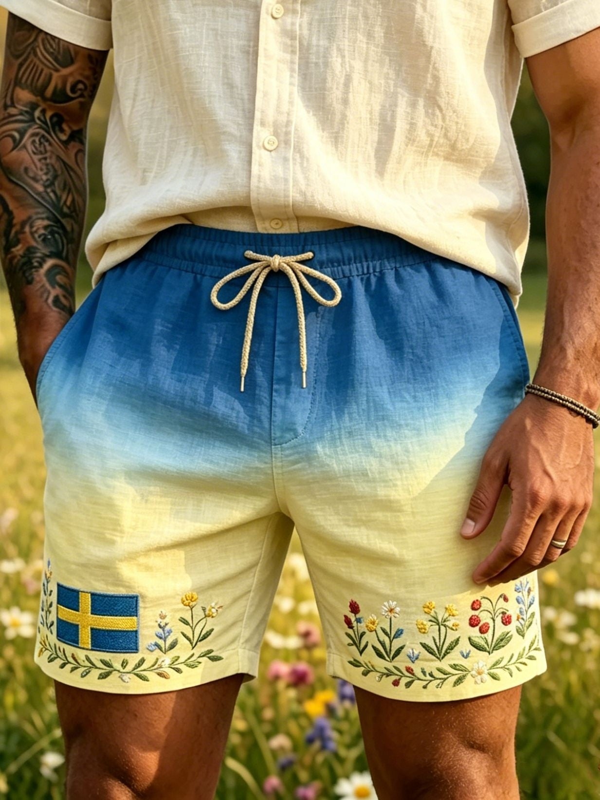 Herrar Retro Svenska Midsommar Folkal Blommig Bomull-Linne Korta Byxor