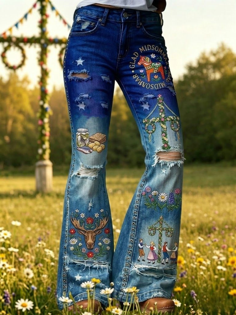 Dams retro svenska midsommarfolkloristiska utsvängda byxor med blommönster