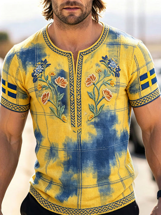 Herr Sverige Gaffel Konst Blommigt Tryckt Linne T-shirt