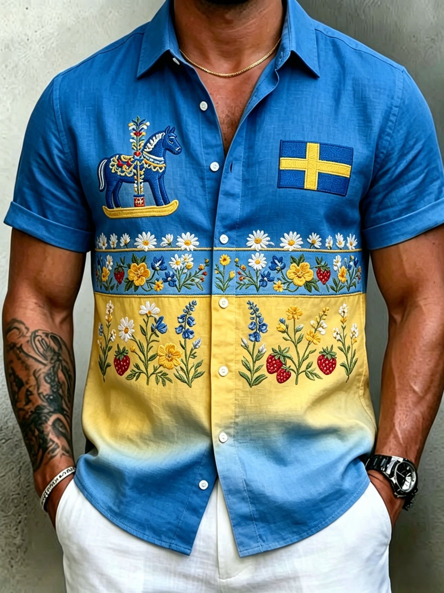 Herrretro svensk midsommarfolkaldrigblommig bomull-linne skjorta med korta ärmarna