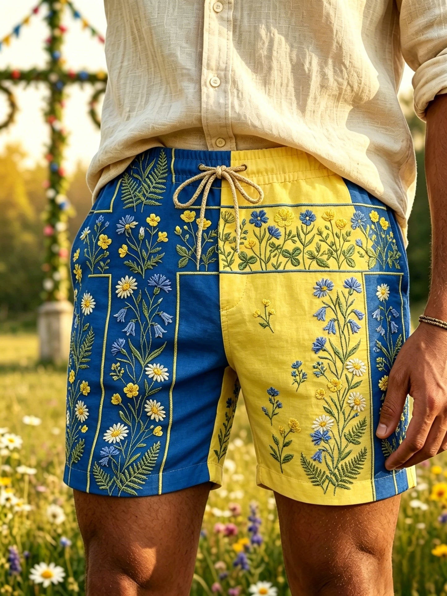 Herrar Retro Svenska Midsommar Folkal Blommig Bomull-Linne Korta Byxor