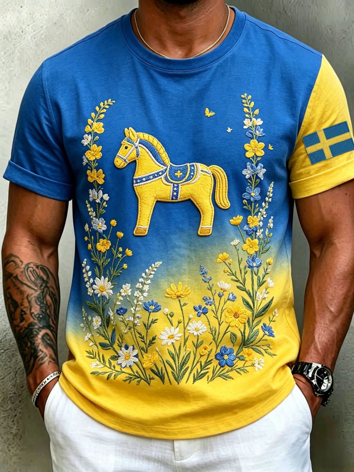 Herrretro svensk midsommarfolkal blommig kortärmad t-shirt