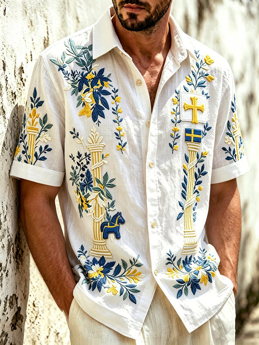 Herrkläder Svensk midsommar blommig 3D-tryckt casual kortärmad skjorta