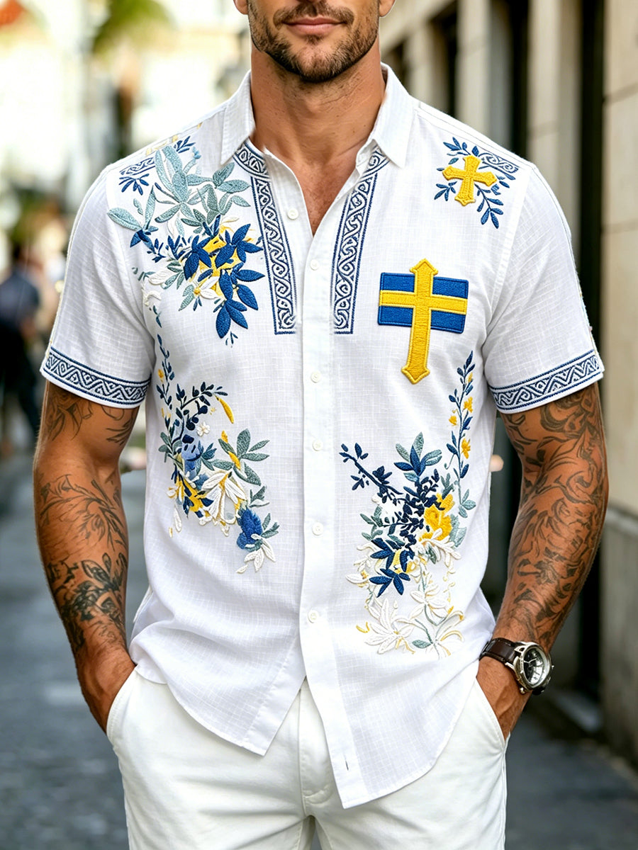 Herrvit svensk flagga blommig 3D-print avslappnad kortärmad skjorta