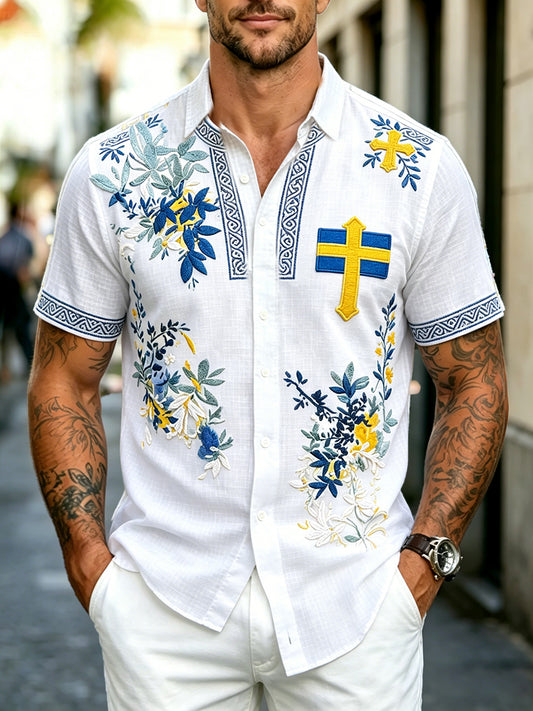 Herrvit svensk flagga blommig 3D-print avslappnad kortärmad skjorta