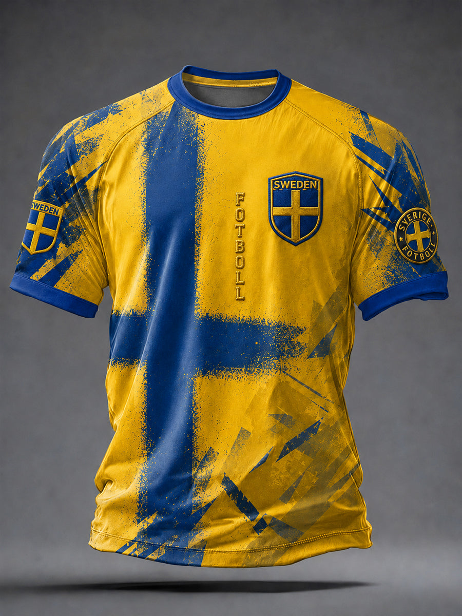 Retro svensk fotbollslandslagsflagga med emblem och t-shirt i vikingastil med korta ärmarna