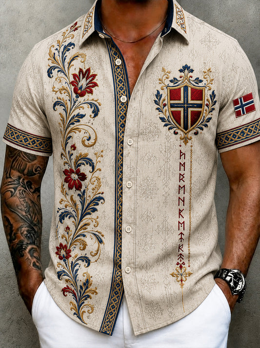 Herrskjorta i retro nordisk stil med norsk konsttryck, avslappnad modell i bomull och lin