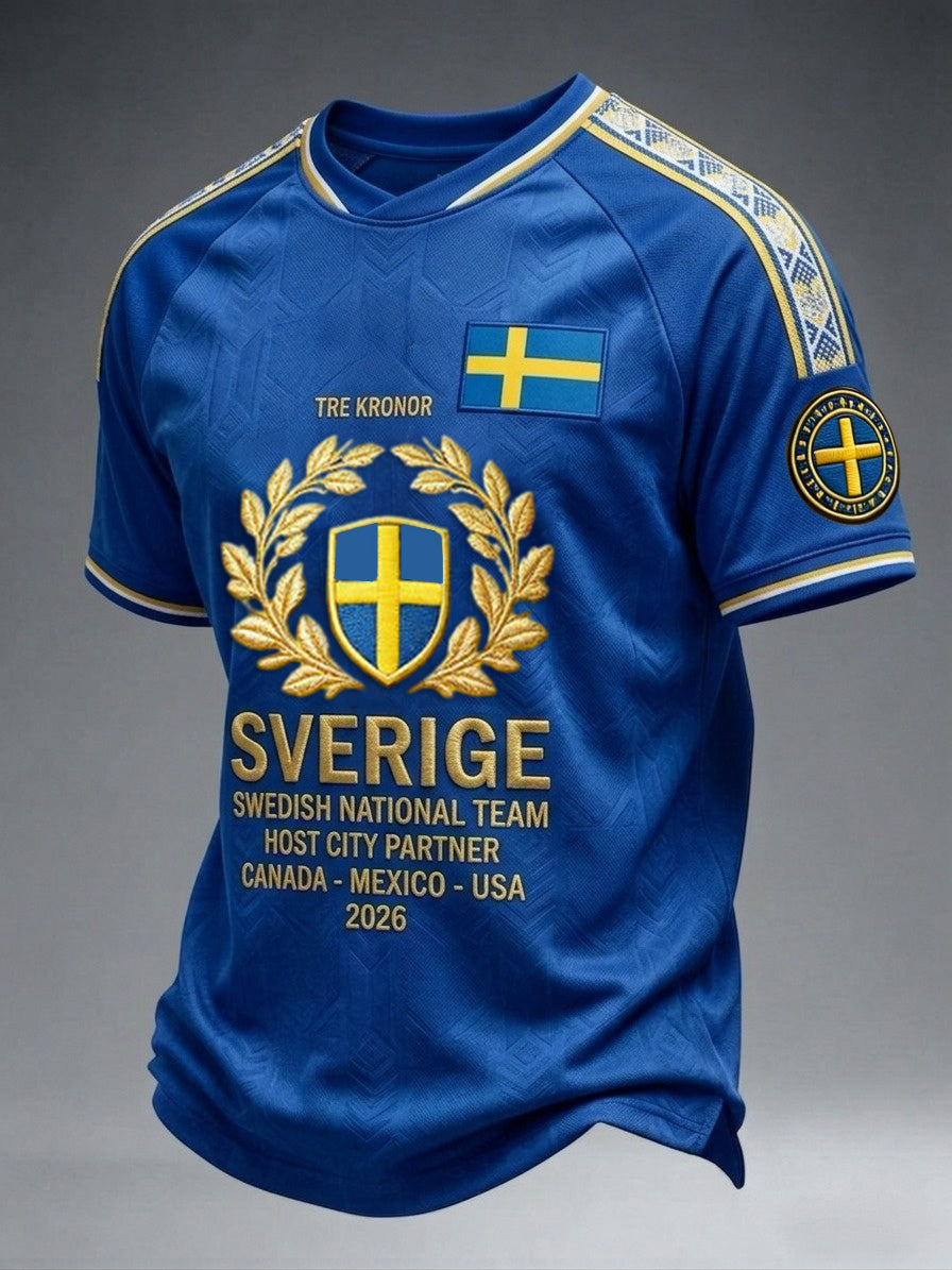 Herrtröja i retrostil med svensk fotboll 2026 tryckt på