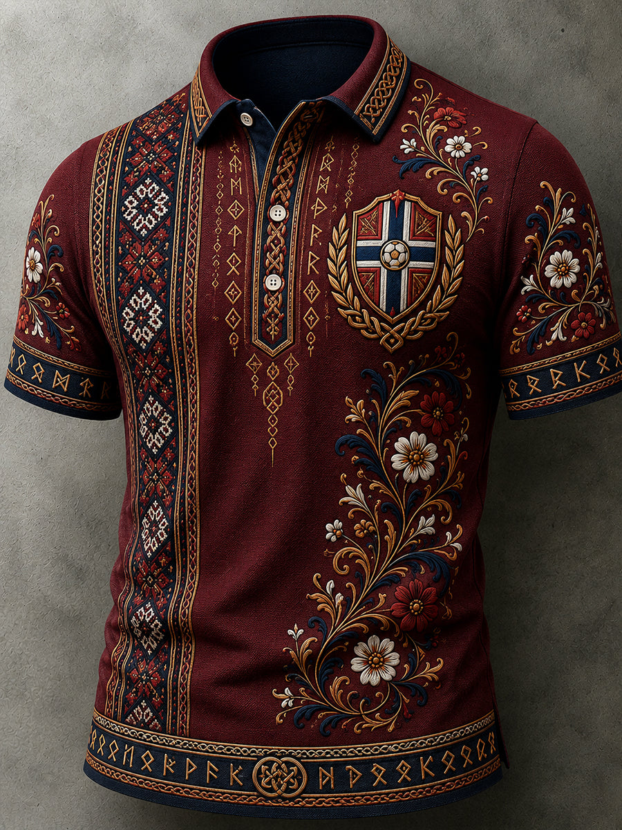 Herrpolotröja i retro nordisk stil med norsk konsttryck, avslappnad stil