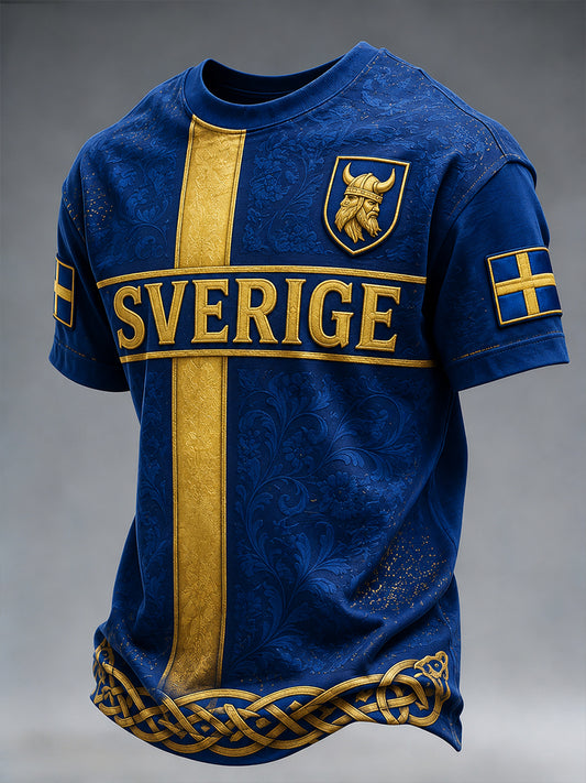 Retro svensk fotbollslandslagsflagga med emblem och t-shirt i vikingastil med korta ärmarna