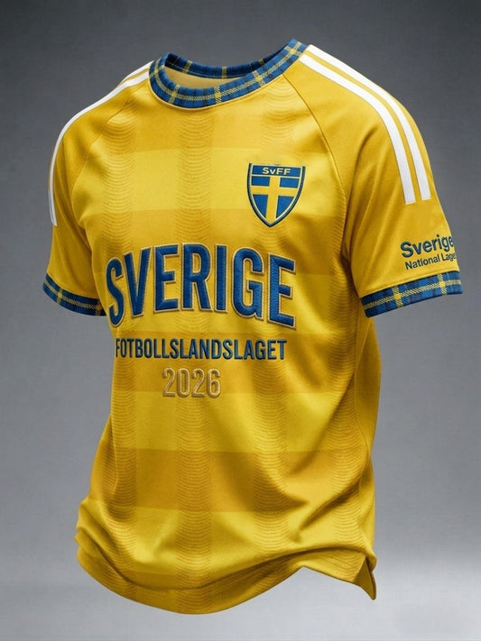 Herrtröja i retrostil med svensk fotboll 2026 tryckt på