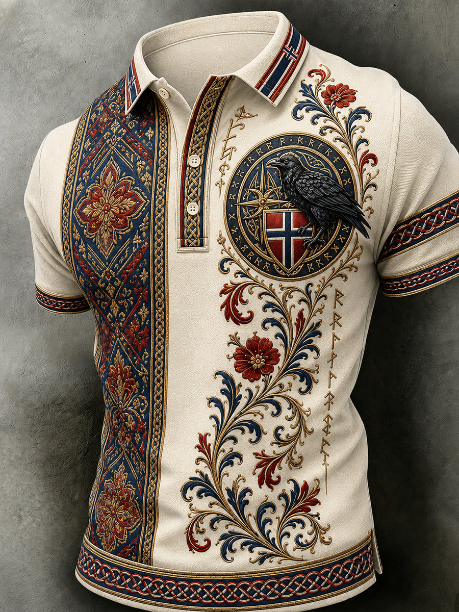 Herrpolotröja i retro nordisk stil med norsk konsttryck, avslappnad stil