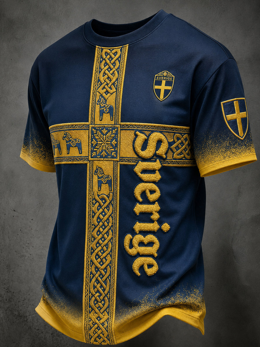 Herrtröja i retrovikingastil med Sveriges fotbollsnationsflagga och emblem, kortärmad
