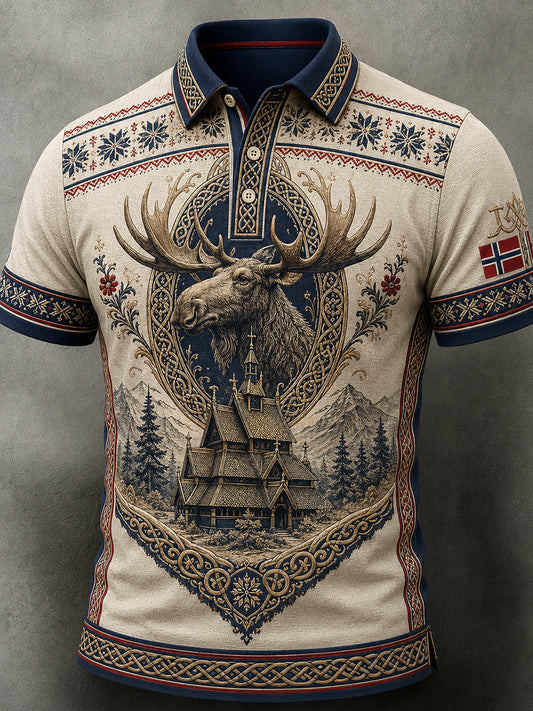 Herrpolotröja i retro nordisk stil med norsk konsttryck, avslappnad stil