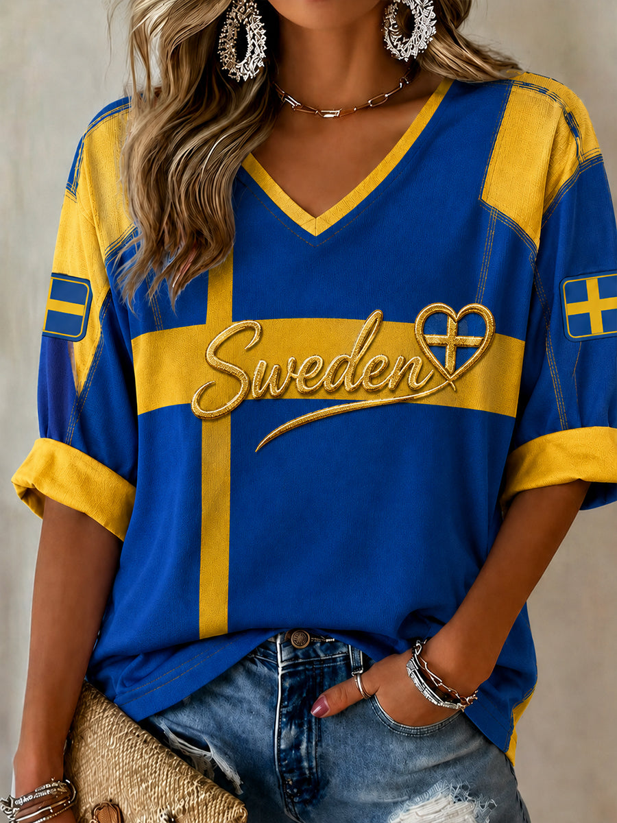 Dammens retrovikingiskt stilad vardagströja med märke med den svenska fotbollslaget flaggan