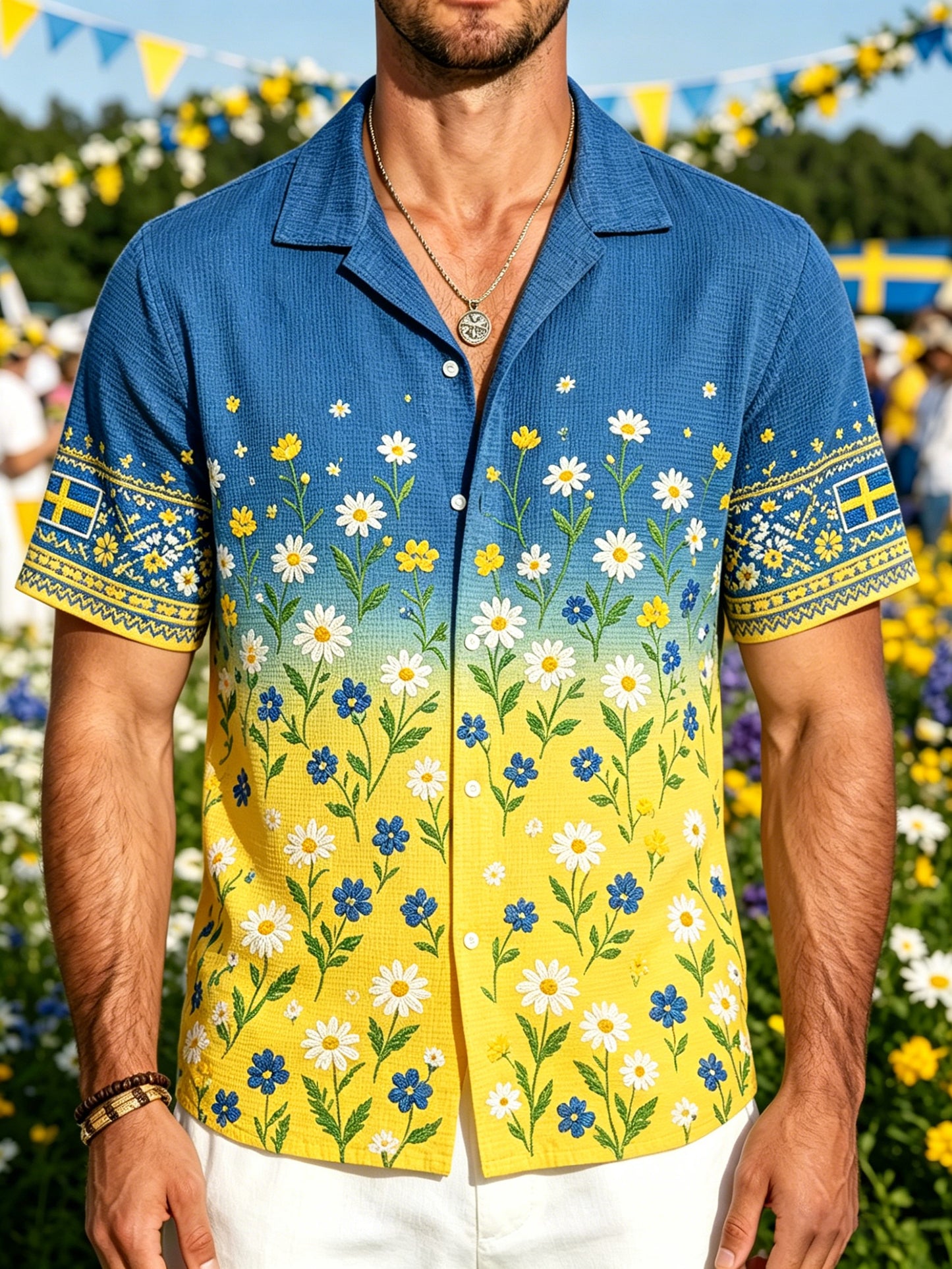 Mäns midsommar blommor utskrift våffel-tnit Short-Slem skjjorta