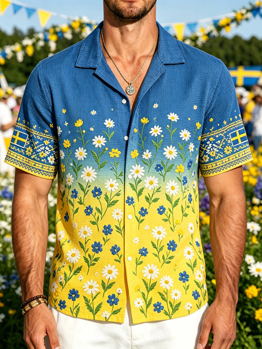 Mäns midsommar blommor utskrift våffel-tnit Short-Slem skjjorta