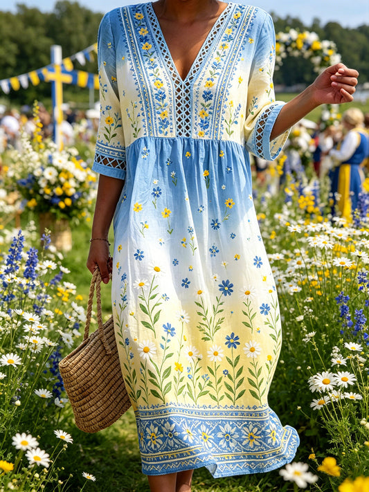 Damsommar klänning med blommönstrad ombrefärgning och v-ringning