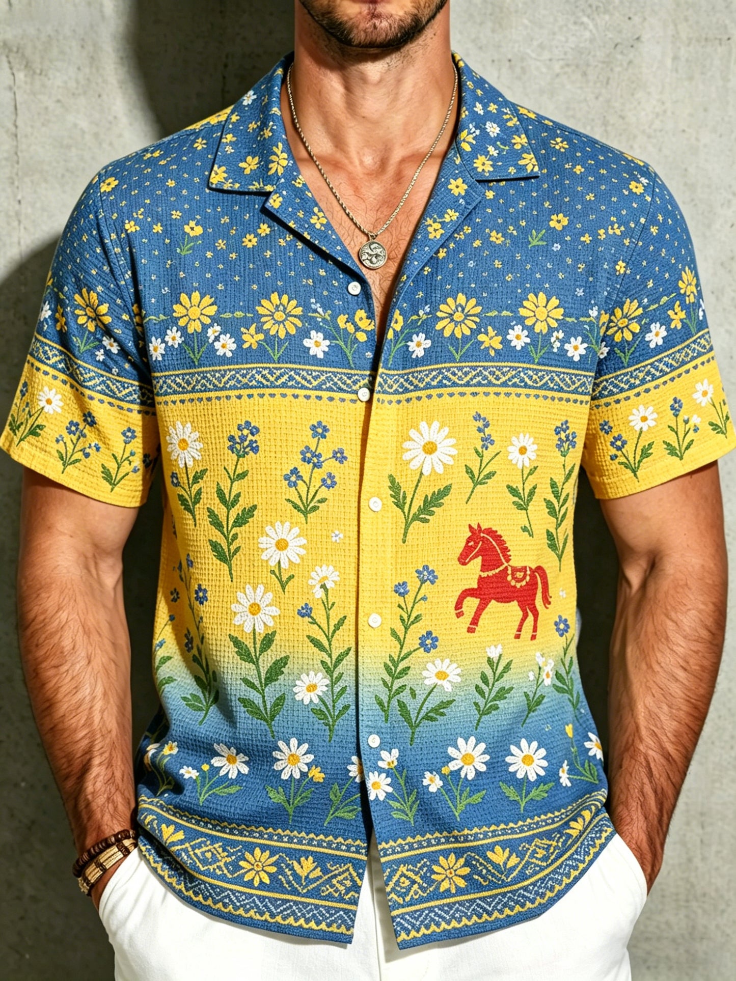 Herrskjorta med midsommarfestmotiv och blommiga konsttryck, vårig modell med korta ärmar