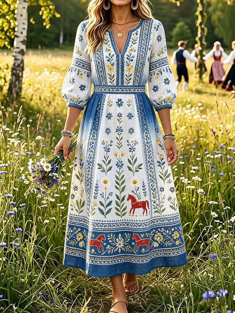 Kvinnors svensk midsommar Dala Häst Skriv ut Casual Fashion Bomull-Linen V-Hack klänning