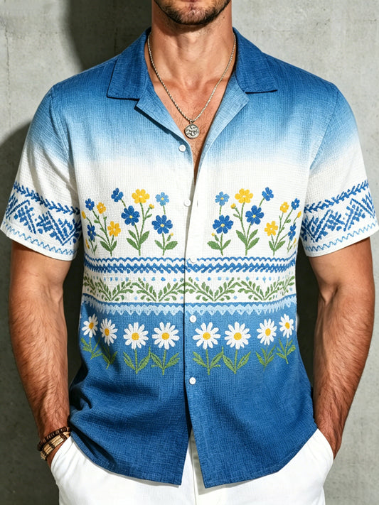 Herrskjorta med midsommarfestmotiv och blommiga konsttryck, vårig modell med korta ärmar