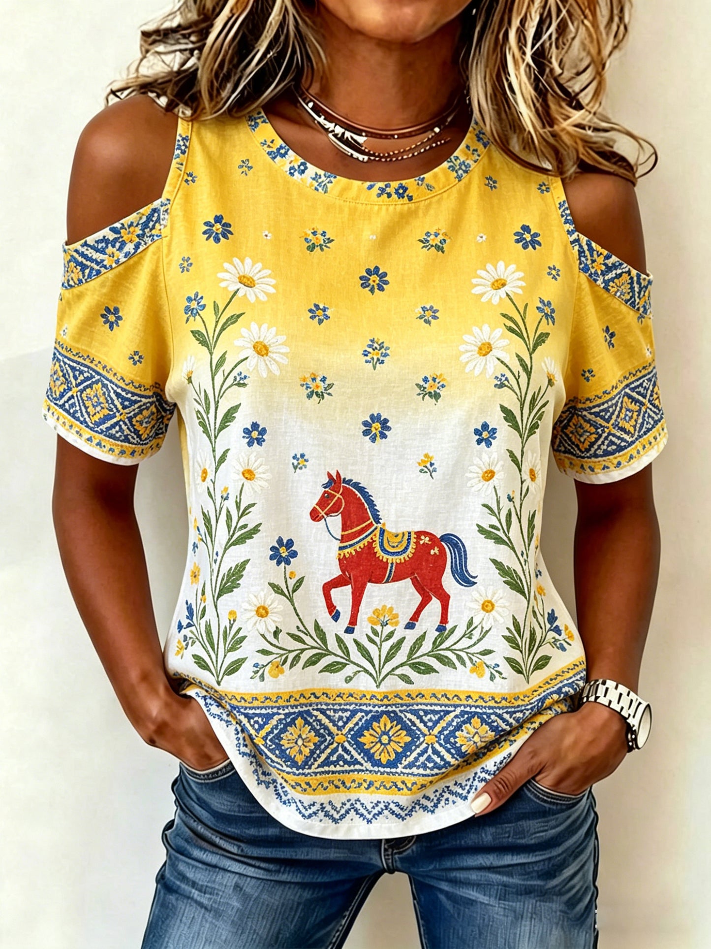 Damer Midsummerfestival Blommig konsttryck axellös t-shirt