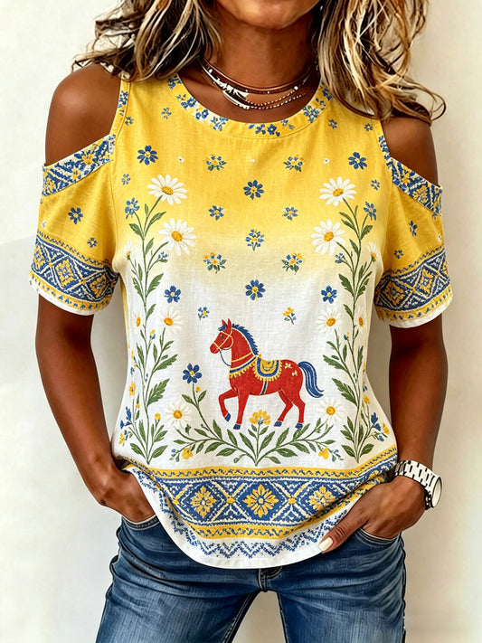 Damer Midsummerfestival Blommig konsttryck axellös t-shirt