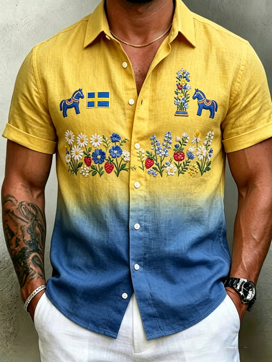 Herr Retro Svenska midsommar Folk Floral Cotton-Linen Short-Slem skjortar
