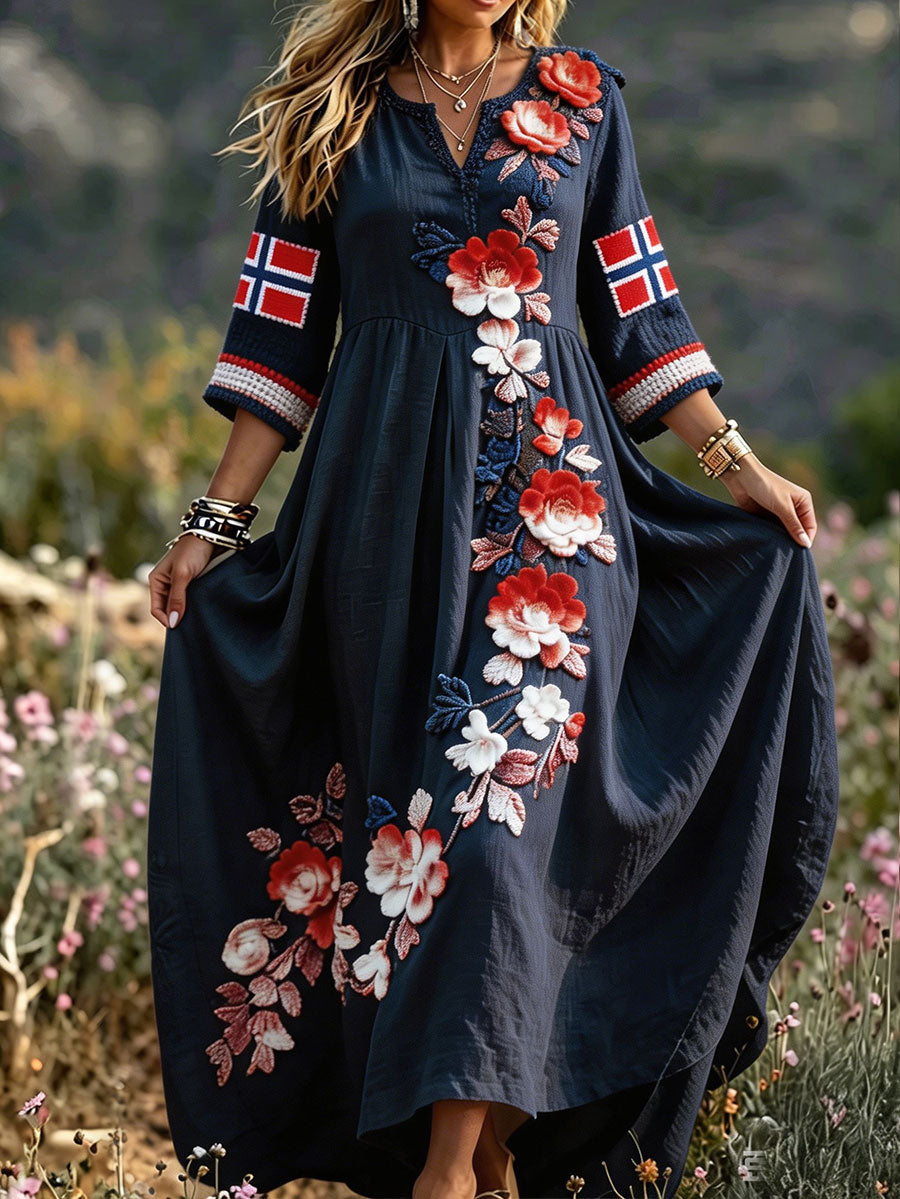 Damernas skandinaviska nordisk stil blommig konsttryckt linneklänning