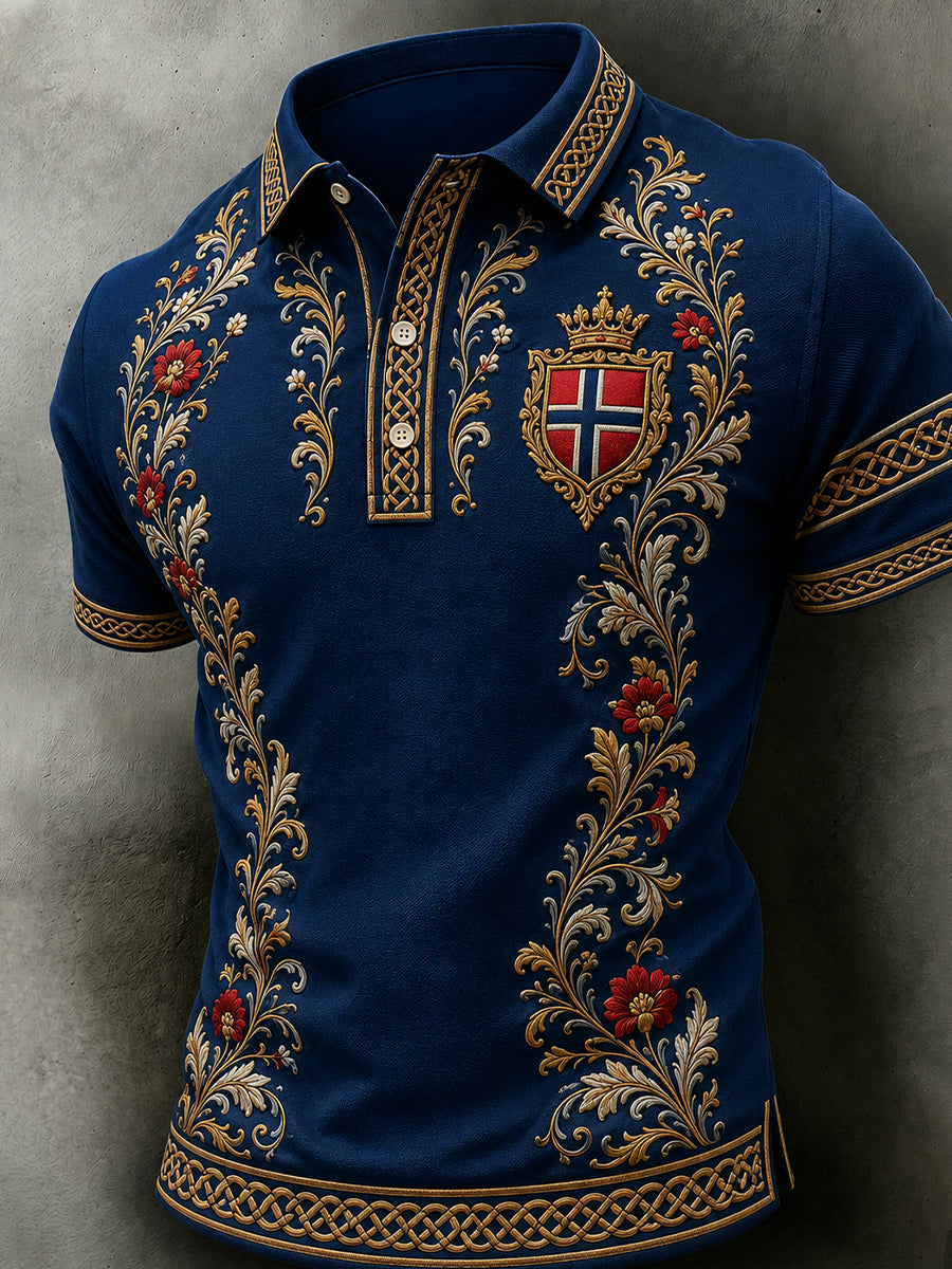 Herrpolotröja i retro nordisk stil med norsk konsttryck, avslappnad stil