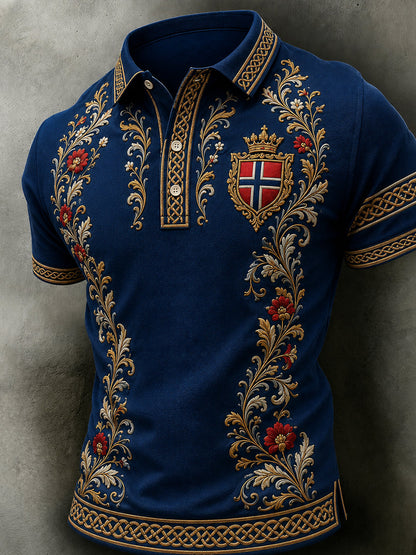 Herrpolotröja i retro nordisk stil med norsk konsttryck, avslappnad stil