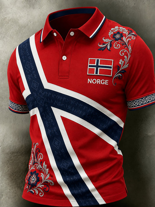 Herrpolotröja i retro nordisk stil med norsk konsttryck, avslappnad stil