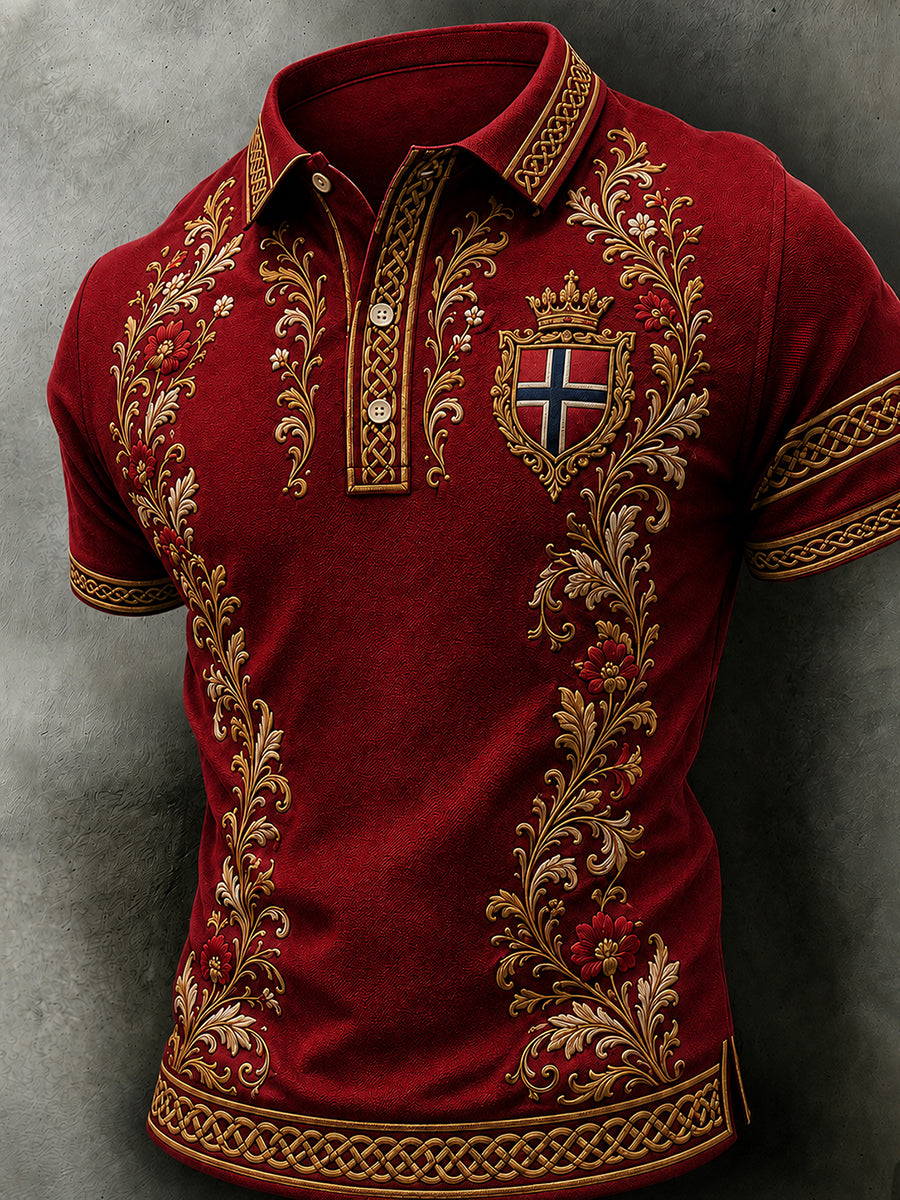 Herrpolotröja i retro nordisk stil med norsk konsttryck, avslappnad stil