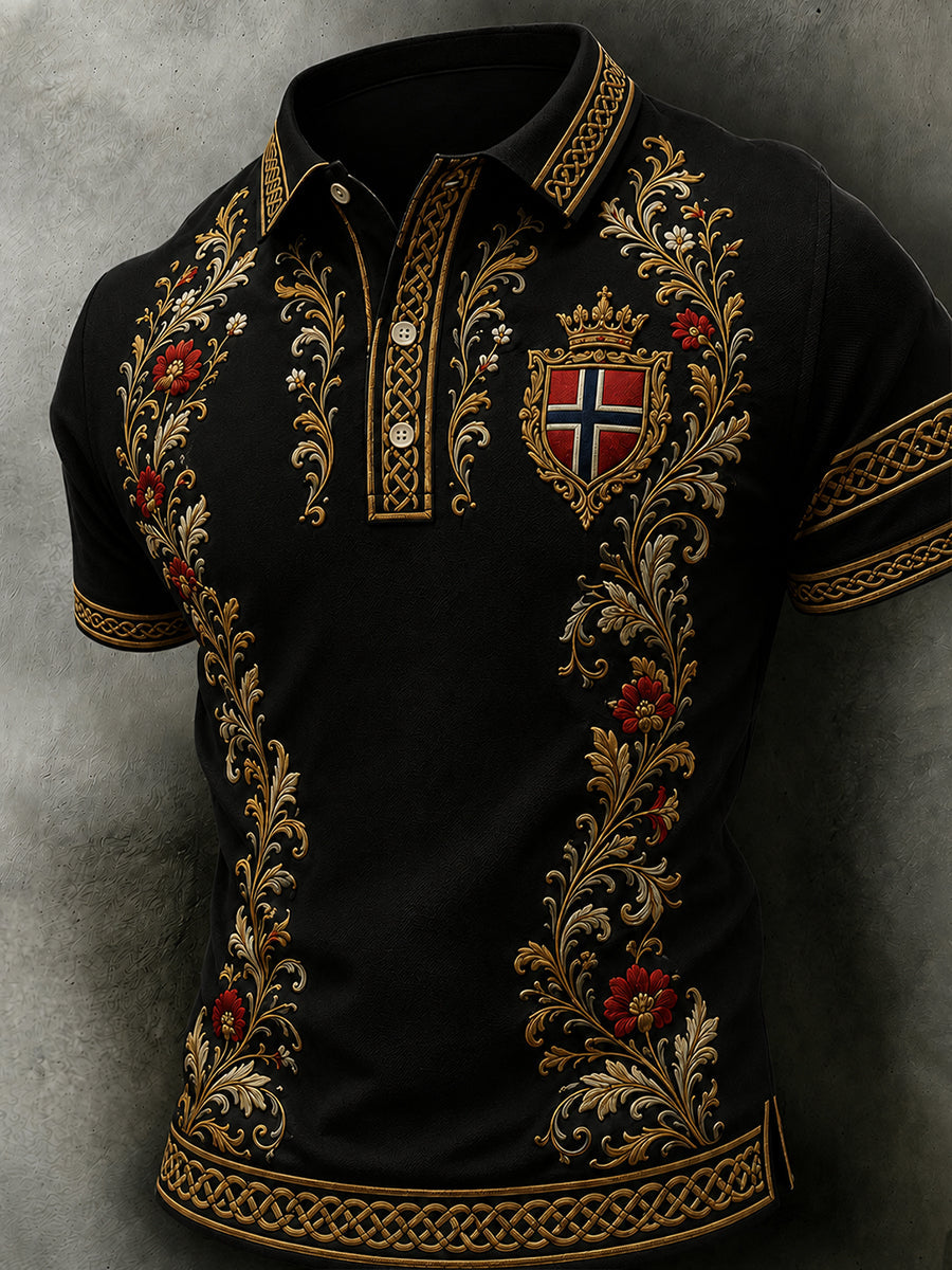 Herrpolotröja i retro nordisk stil med norsk konsttryck, avslappnad stil