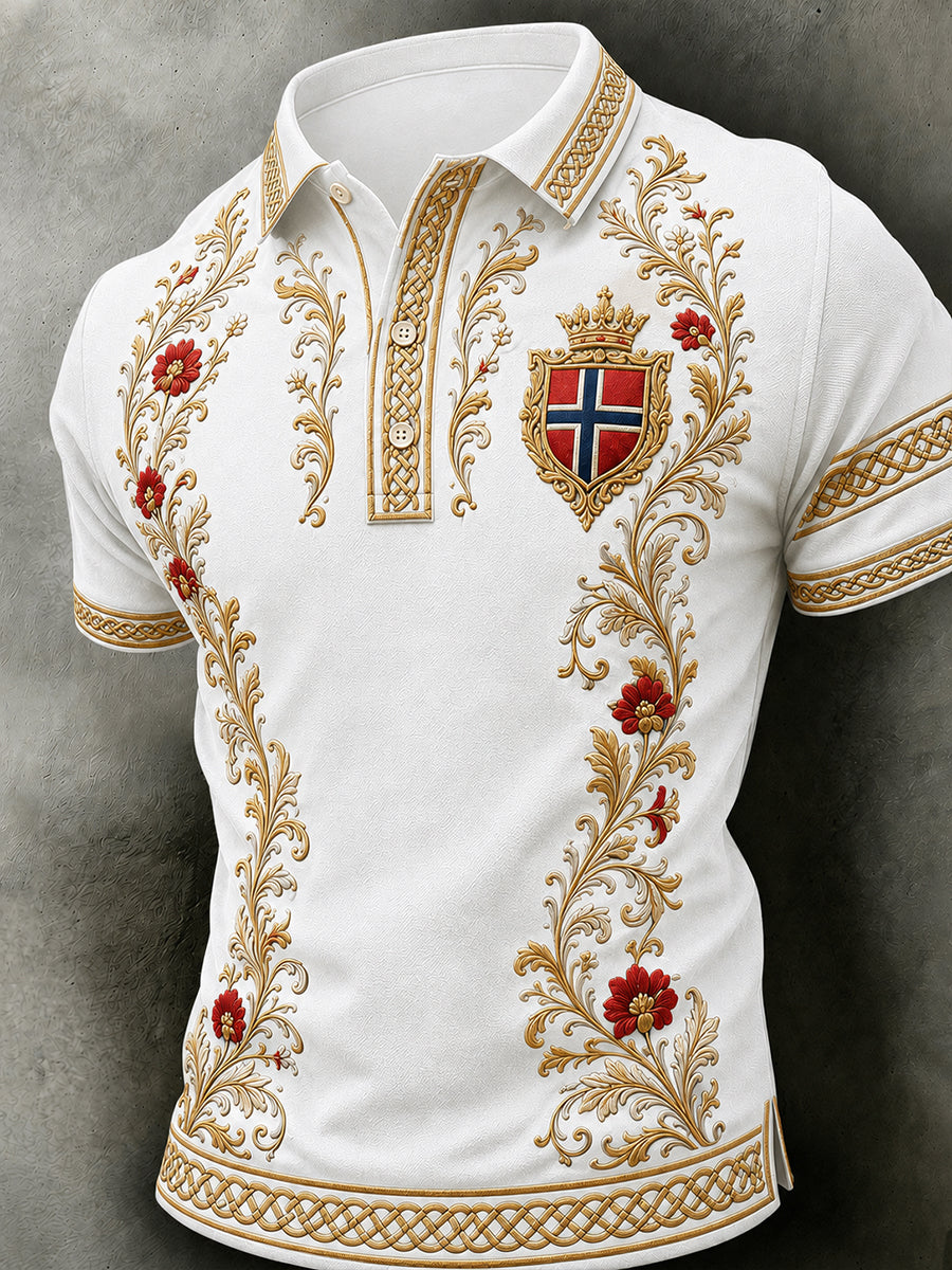 Herrpolotröja i retro nordisk stil med norsk konsttryck, avslappnad stil