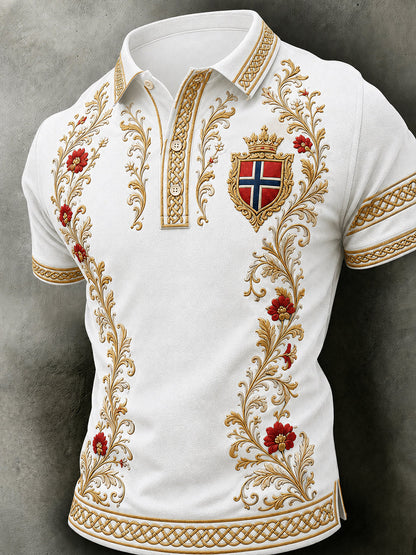 Herrpolotröja i retro nordisk stil med norsk konsttryck, avslappnad stil