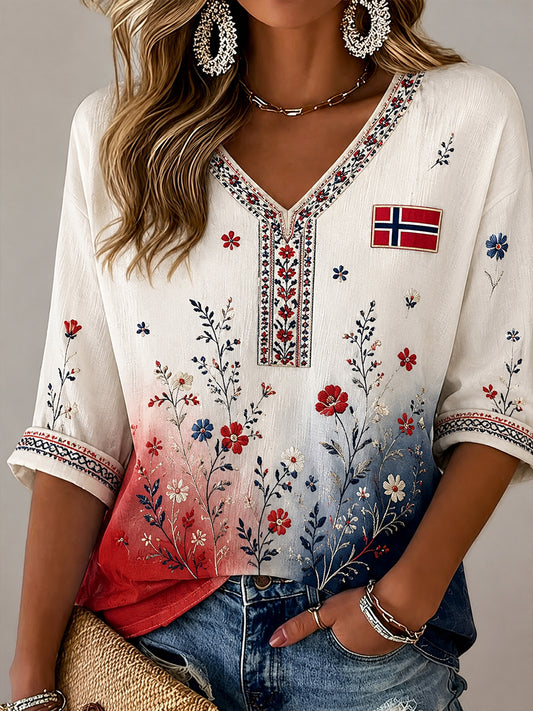 Damer Retro Nordisk stil Norsk konsttryck Lässig topp i bomull och linne, bekväm