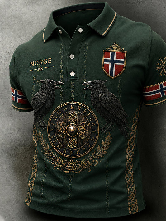 Herrpolotröja i retro nordisk stil med norsk konsttryck, avslappnad stil