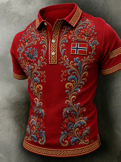 Herrpolotröja i retro nordisk stil med norsk konsttryck, avslappnad stil