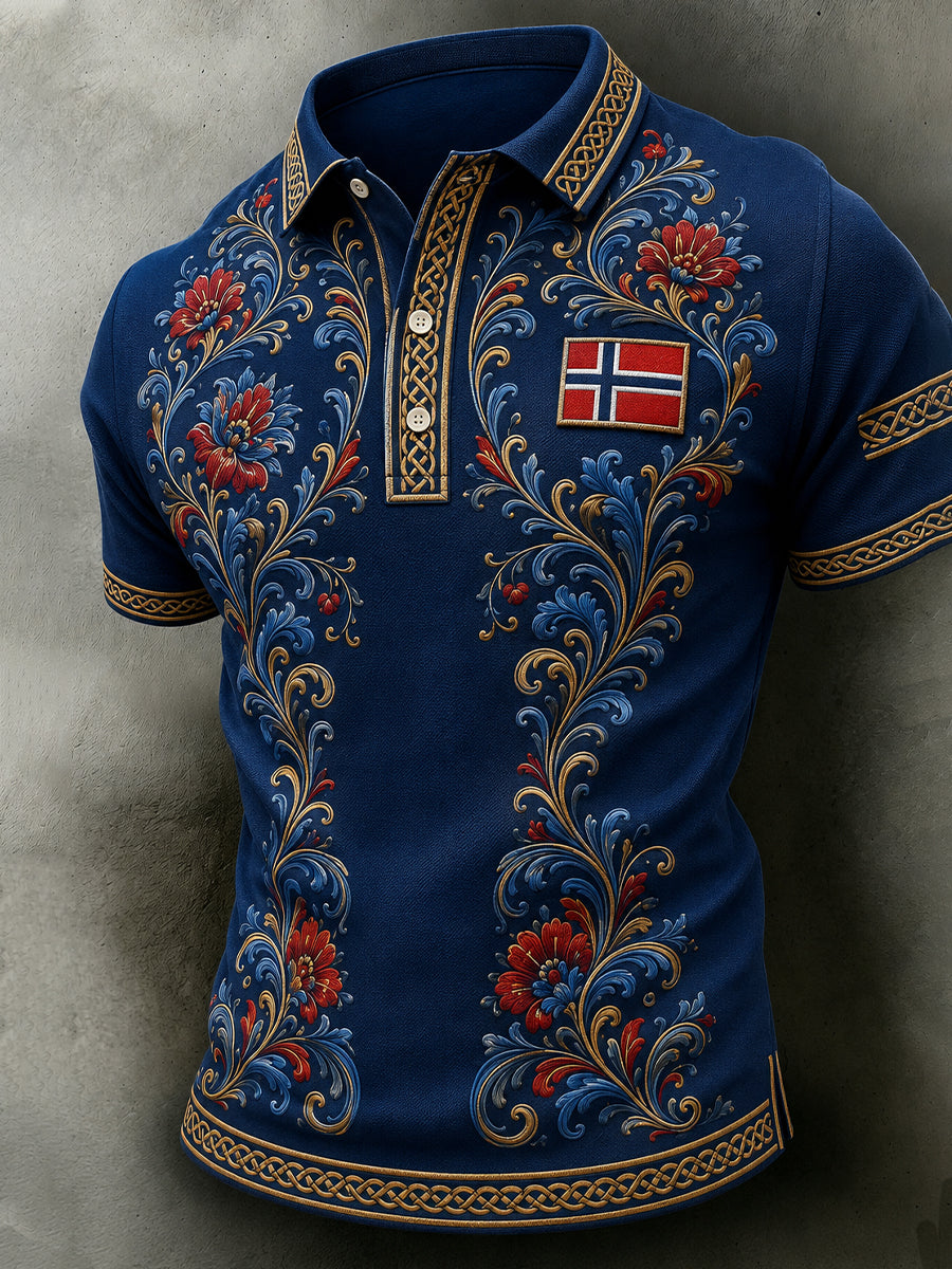 Herrpolotröja i retro nordisk stil med norsk konsttryck, avslappnad stil