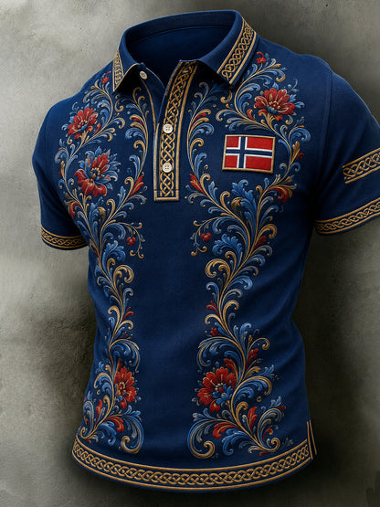 Herrpolotröja i retro nordisk stil med norsk konsttryck, avslappnad stil