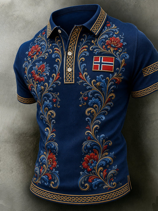 Herrpolotröja i retro nordisk stil med norsk konsttryck, avslappnad stil