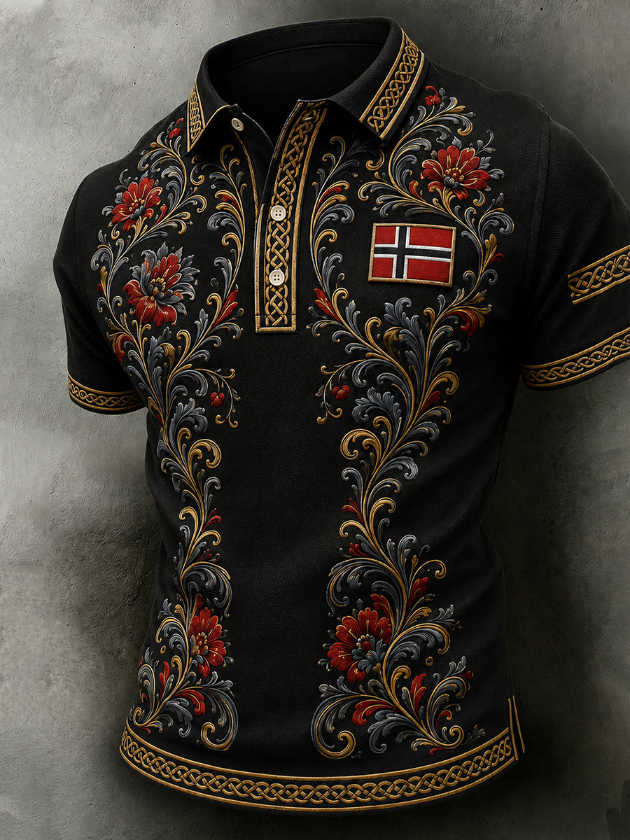 Herrpolotröja i retro nordisk stil med norsk konsttryck, avslappnad stil