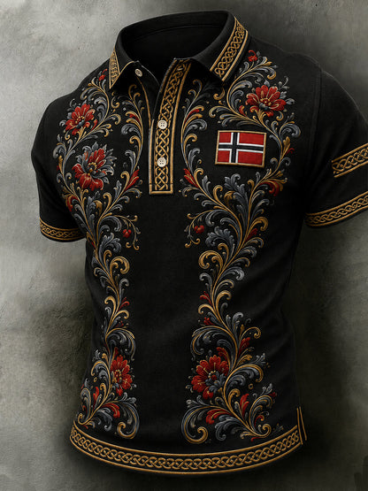 Herrpolotröja i retro nordisk stil med norsk konsttryck, avslappnad stil