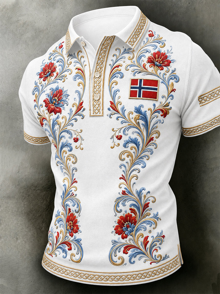 Herrpolotröja i retro nordisk stil med norsk konsttryck, avslappnad stil