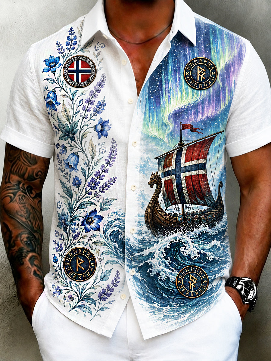 Herrskjorta i retro nordisk stil med norsk konsttryck, avslappnad modell i bomull och lin