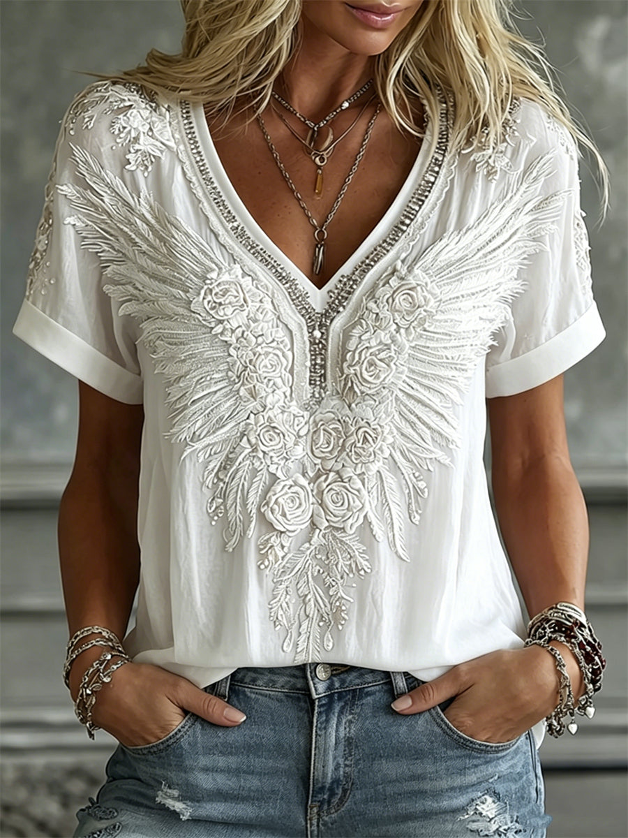 Damer Elegant vit ros & vingar Art Print linne t-shirt med korta ärmarna