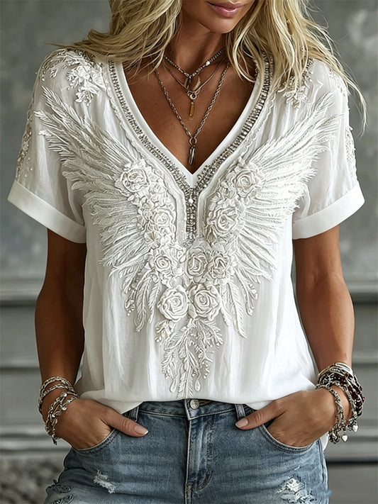 Damer Elegant vit ros & vingar Art Print linne t-shirt med korta ärmarna
